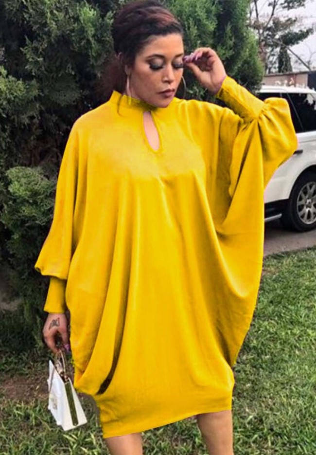 Plus Size Yellow Hole Batwing Sleeve Midi Neck Loose Dress