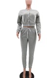 Grey Fleece Snap Button Top and Drawstring Pant 2PCS Set
