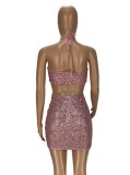 Pink Sequins Cut Out Halter Sleeveless Mini Dress