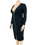 Plus Size Black V-Neck Zipper Up Midi Sheath Dress