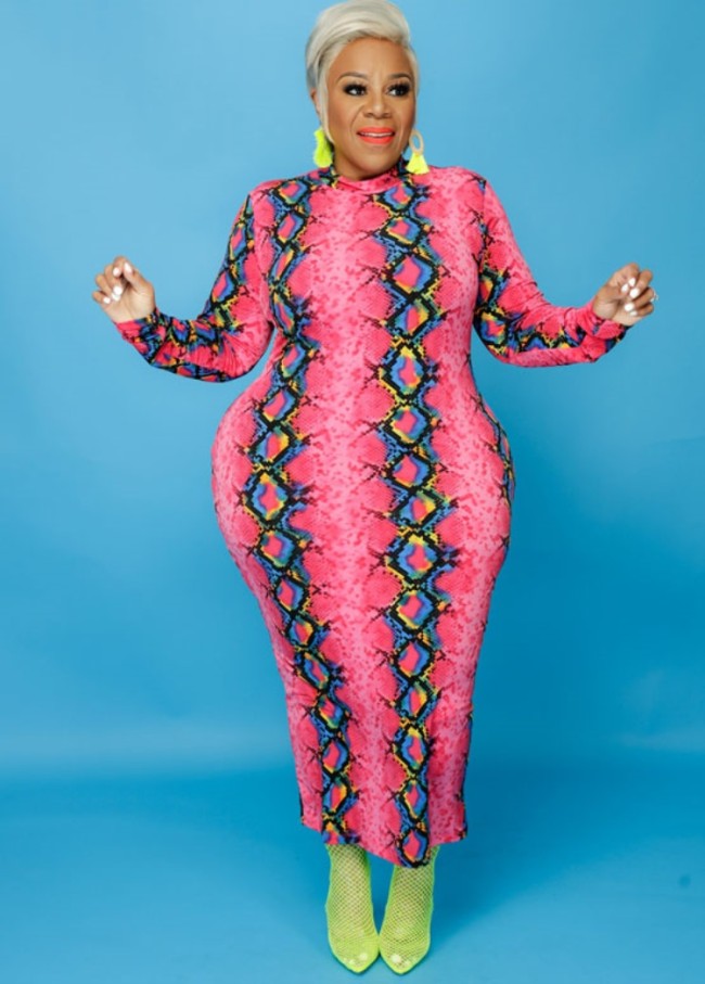 Plus Size Print Pink Turtleneck Long Sleeve Skinny Maxi Dress