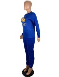 Print Blue O-Neck Drop Shoulder Tee and Pants 2PCS Set