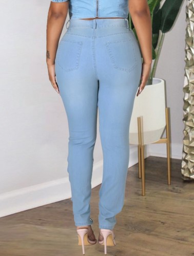 Plus Size Lt-Blue Hollow Out Lace Up Slim Jeans