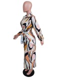Print Apricot Button Up Knotted Long Dress