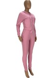 Pink Zip Up Drawstring Hoody Top and Pants 2PCS Set