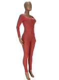 Red Keyhole See Through Long Sleeve Slim Fit Jumpsuit