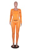 White Piping Orange U-neck Slinky Crop Top and Pants 2PCS Set