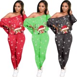 Christmas Santa Elk Print Green Loose Top and Fitted Pants 2PCS Set
