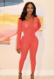 Red Keyhole See Through Long Sleeve Slim Fit Jumpsuit