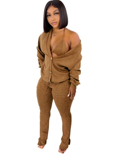 Brown Ribbed Halter Triangle Bra and Pants with Coat 3PCS Set