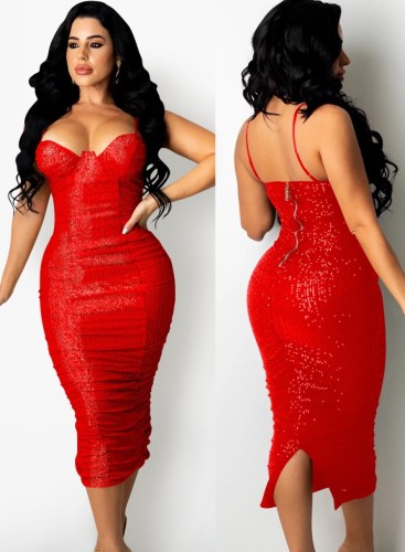 Red Sequins Cami Ruched Long Dress