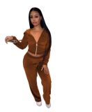 Casual Pink Velour Short Zipper Sweatshirts and Loose Sweatpants Set