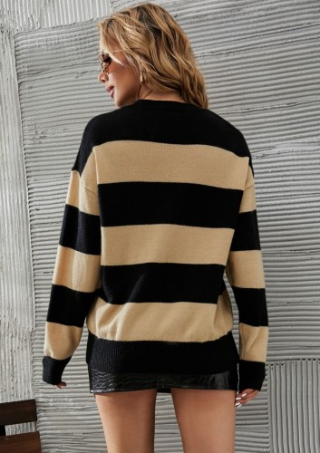 Black and Khaki Stripes O-Neck Drop Shoulder Loose Sweater