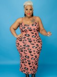 Plus Size Pink Leopard Print Turtleneck Cape Top and Cami Long Dress 2PCS Set