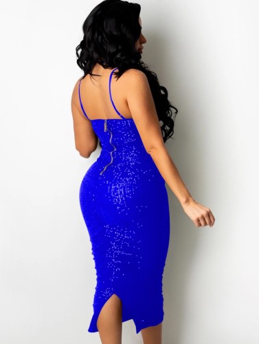 Blue Sequins Cami Ruched Long Dress