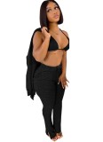 Black Ribbed Halter Triangle Bra and Pants with Coat 3PCS Set