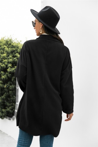 Black Turndown Collar Drop Shoulder Long Coat with Pocket