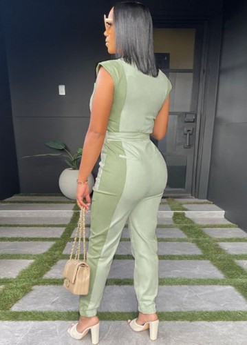 Plus Size Green Contrast Pad Shoulder Button Up Sleeveless Jumpsuit