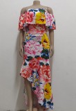 Flowers Print Off Shoulder Sleeveless Fishtail Long Fitted Dress