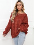 Brick Red Crochet Drop Shoulder Loose Pullover Sweater