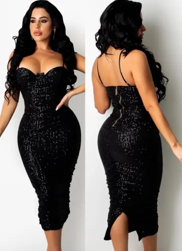 Black Sequins Cami Ruched Long Dress