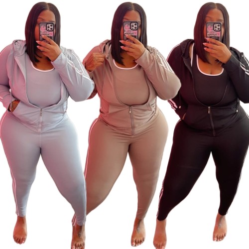 Plus Size White Piping Grey Zip Hoody Top and Pant 2PCS Set