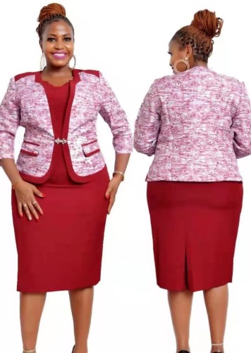 Plus Size Red Print 3/4 Sleeve Coat and Short Sleeve Dress 2PCS Set