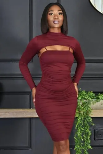 Plus Size Red Cape Top and Cami Midi Dress 2PCS Set