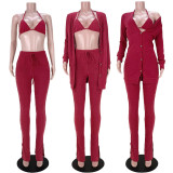 Burgundy Ribbed Halter Triangle Bra and Pants with Coat 3PCS Set
