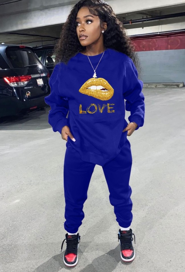 Print Blue O-Neck Drop Shoulder Tee and Pants 2PCS Set