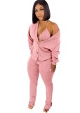 Pink Ribbed Halter Triangle Bra and Pants with Coat 3PCS Set