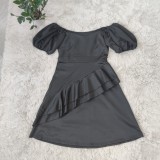Plus Size Black Satin Off Shoulder Puff Sleeve Ruffled Midi Dress