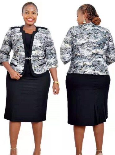Plus Size Black Print 3/4 Sleeve Coat and Short Sleeve Dress 2PCS Set