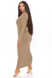 Khaki Ribbed Turndown Collar Button Side Slit Long Dress