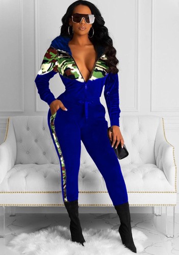 Camous Patch Blue Velvet Zip Hoody Top and Pants 2PCS Set