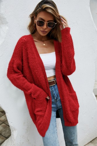 Red Plush Drop Shoulder Cardigans with Pockets