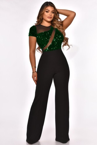 Sequins Green Mesh See Through O-Neck Short Sleeve Jumpsuit
