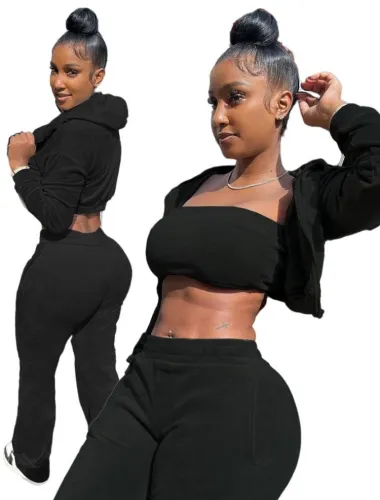 Black Velvet Bandeau Top and Short Hoody Coat with Pant 3PCS Set