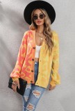 Yellow and Orange Contrast V-neck Button Up Loose Sweater
