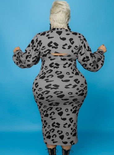 Plus Size Gray Leopard Print Turtleneck Cape Top and Cami Long Dress 2PCS Set