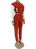 Print Red Button Up Baseball Jacket and Sweatpants 2PCS Set