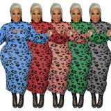 Plus Size Blue Leopard Print Turtleneck Cape Top and Cami Long Dress 2PCS Set