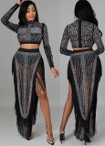 Rhinestone Black Turtleneck Long Sleeve Crop Top and Tassels Slit Irregular Dress 2PCS Set