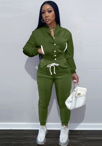 Green Fleece Snap Button Top and Drawstring Pant 2PCS Set