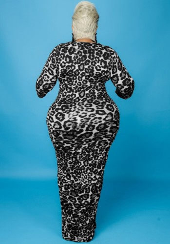 Plus Size Black Leopard Print U-Neck Tight Maxi Dress