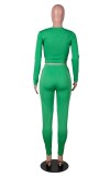 White Piping Green U-neck Slinky Crop Top and Pants 2PCS Set