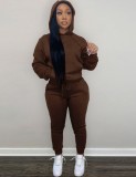 Brown Long Sleeve Hoody Top and Pant 2PCS Set with Pocket