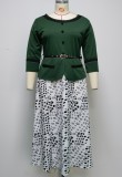 Plus Size Green O-Neck 3/4 Sleeve Long Dress with Belt