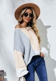 Color Contrast Apricot Knitted Loose Pullover Sweater