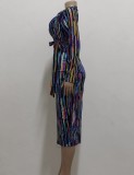 Multicolor Stripe Print Turndown Collar Slit Long Dress